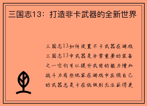 三国志13：打造非卡武器的全新世界